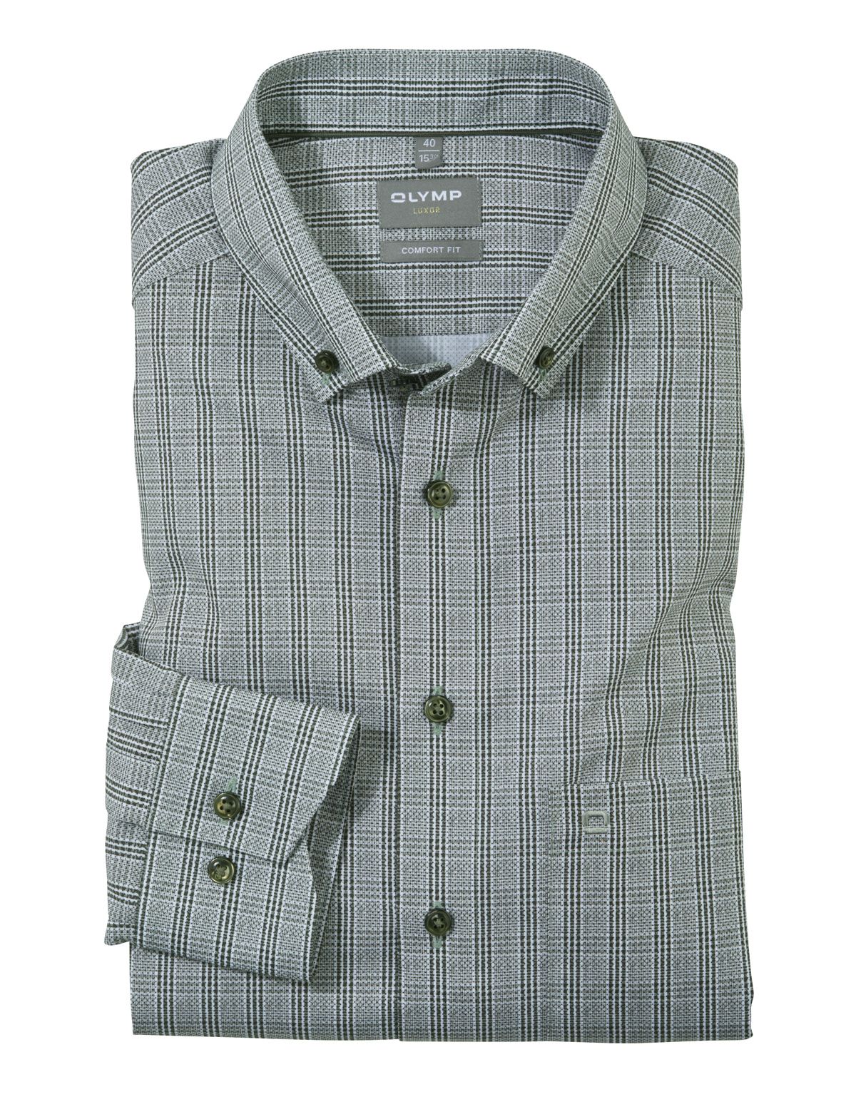 Рубашка мужская в клетку OLYMP Luxor, прямой крой, пуговицы на воротнике[Зеленый]