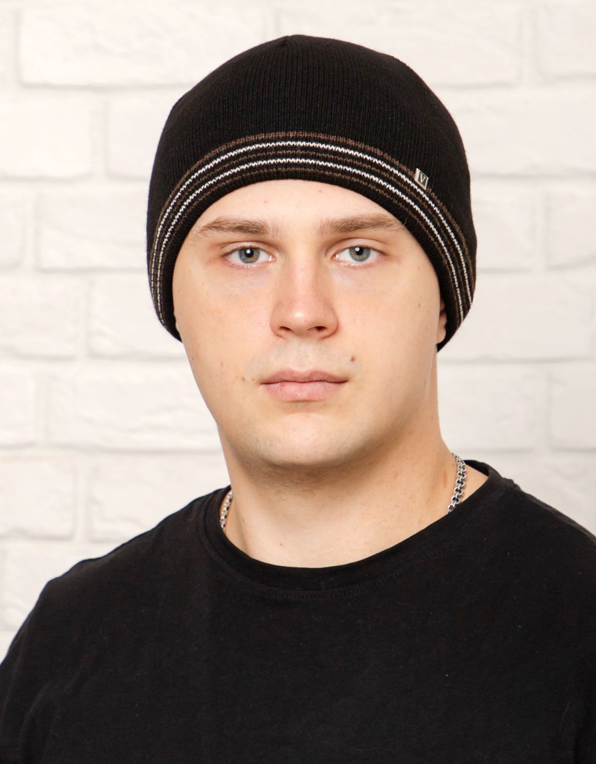 Шапка мужская вязаная Русский трикотаж чёрная с коричневой полоской | купить в интернет-магазине Olymp-Men