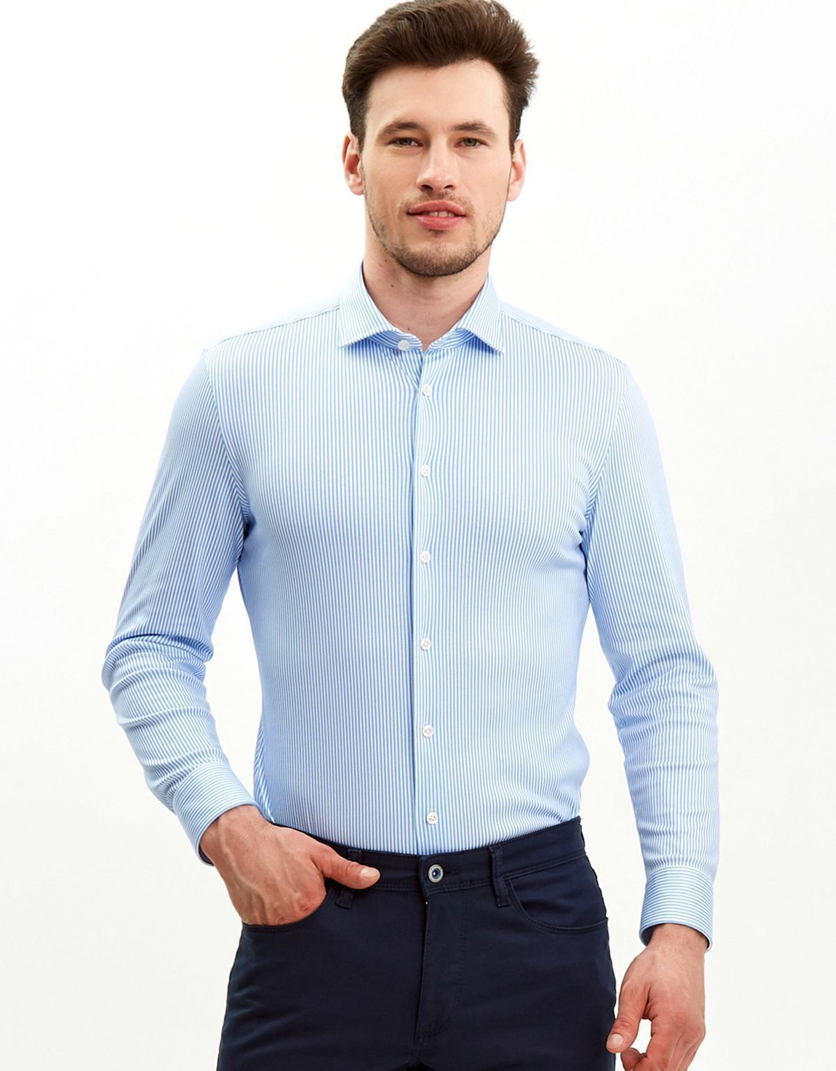 Рубашка мужская трикотажная Olymp Signature в голубую полоску