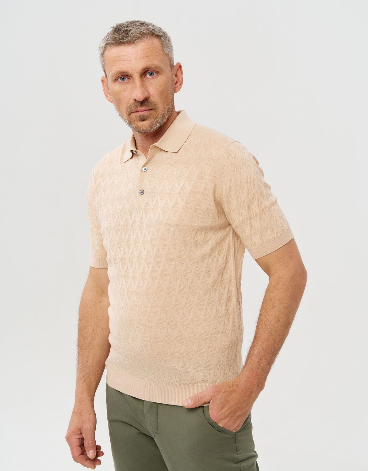 Поло мужское бежевое вязаное на пуговицах Gratude | купить в интернет-магазине Olymp-Men