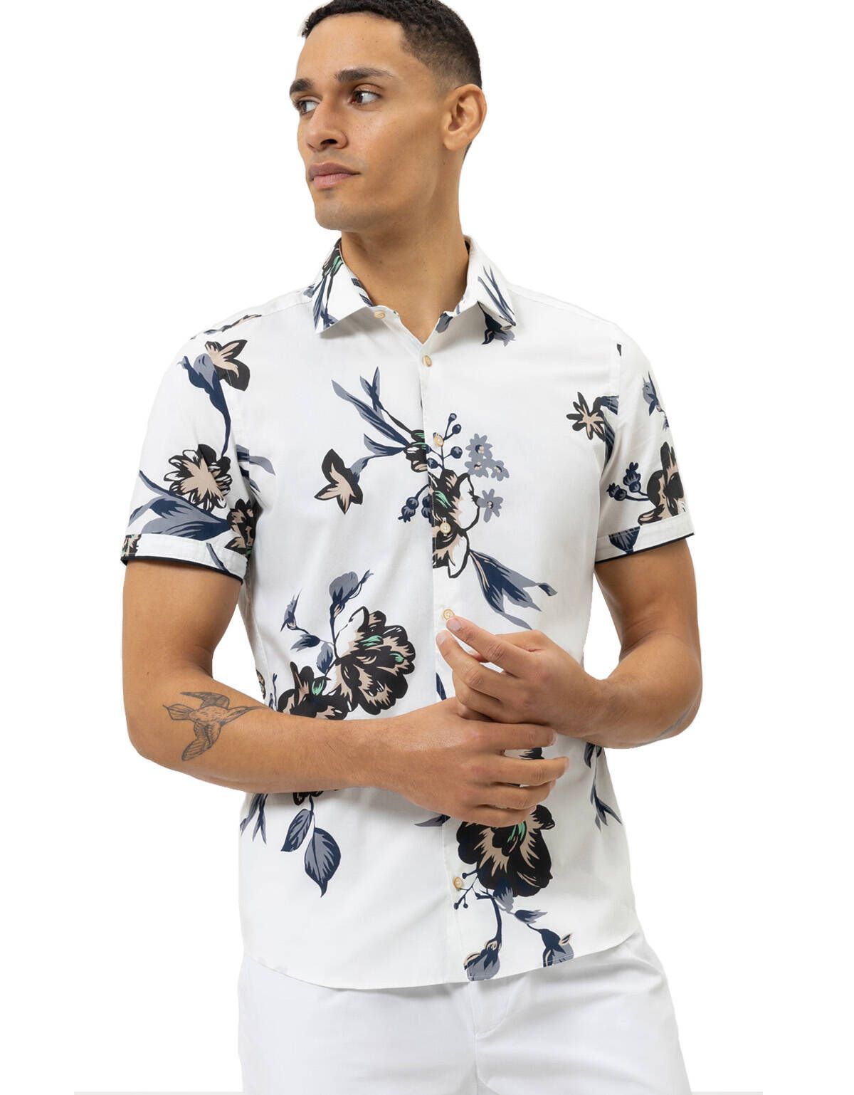 Рубашка мужская  OLYMP цветочный принт, body fit[Белый]