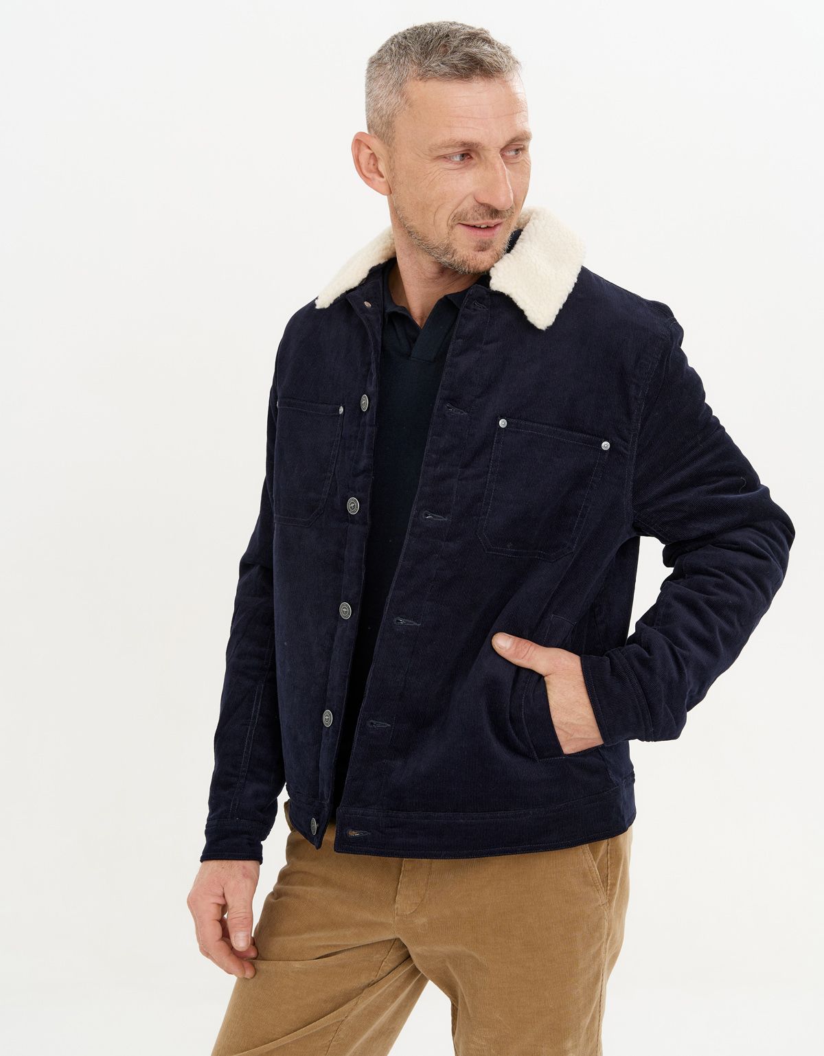 Куртка вельветовая мужская синяя с белым воротником Fynch-Hatton | купить в интернет-магазине Olymp-Men