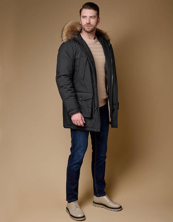 Куртка-пуховик мужская стеганая Bazioni, капюшон с мехом енота | купить в интернет-магазине Olymp-Men