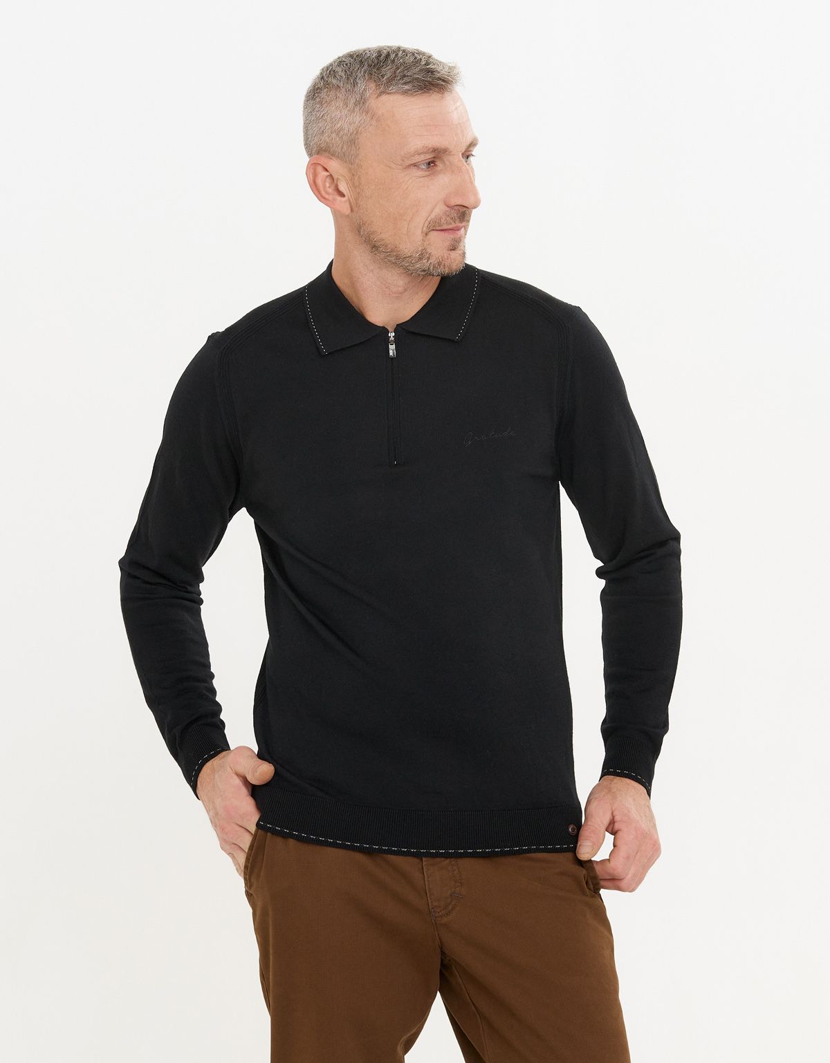 Поло чёрное с длинным рукавом Gratude на молнии | купить в интернет-магазине Olymp-Men