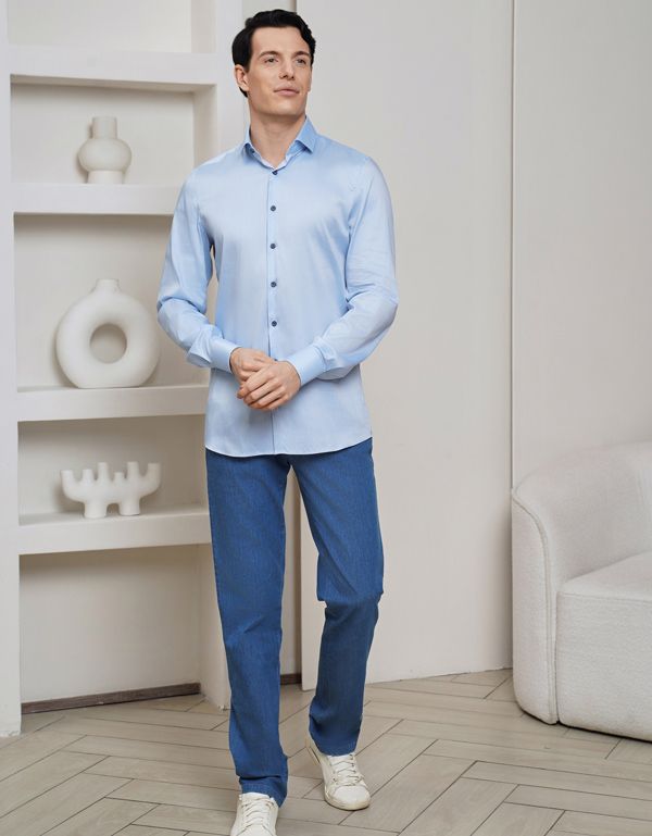 Рубашка мужская OLYMP 24/7, body fit из лиоцелла с синими пуговицами | купить в интернет-магазине Olymp-Men