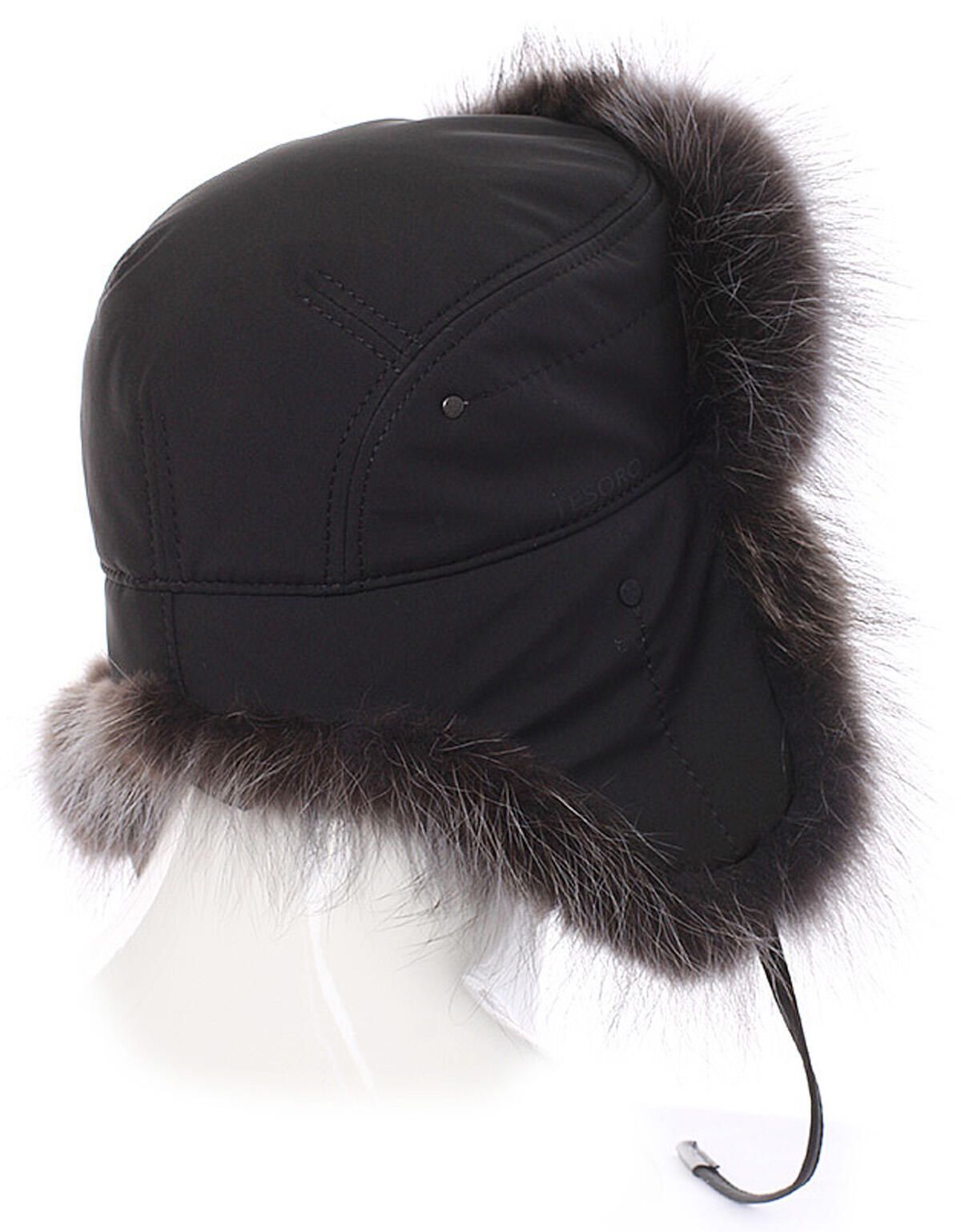 Шапка-ушанка черная Tesoro, плащевка, мех енота | купить в интернет-магазине Olymp-Men