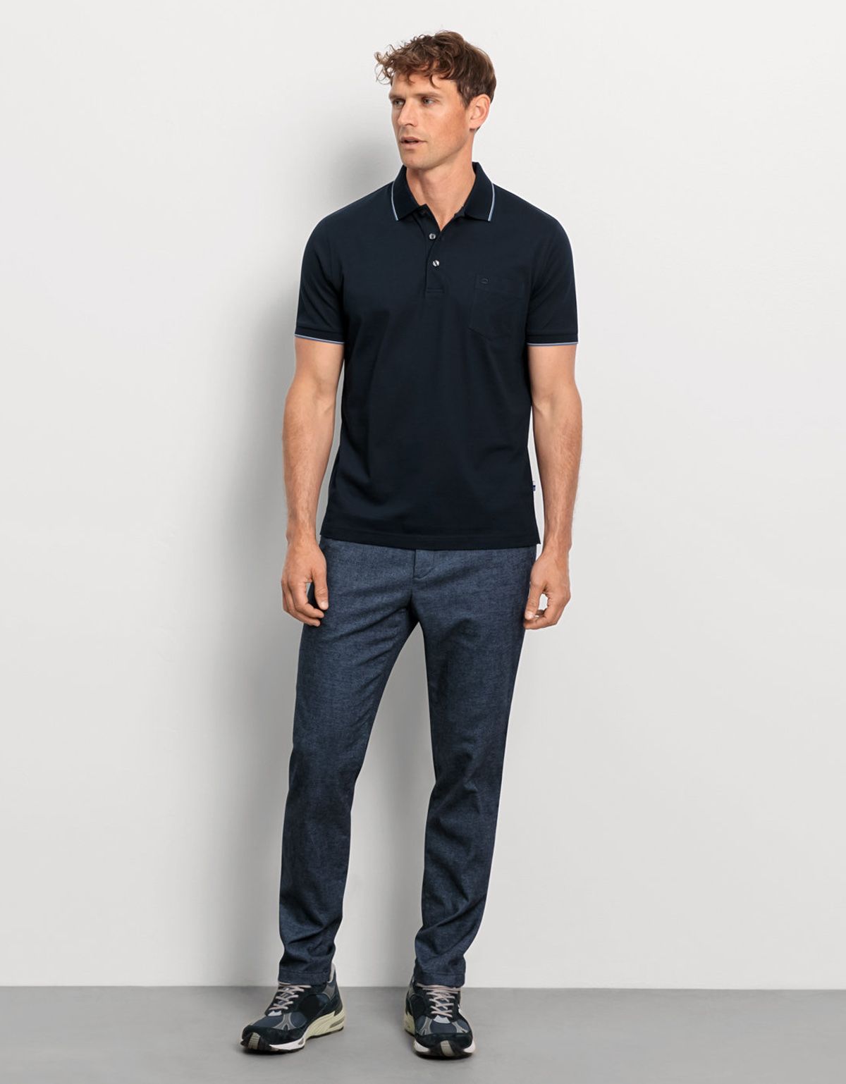 Поло мужское Olymp, синее с полосками на воротнике | купить в интернет-магазине Olymp-Men