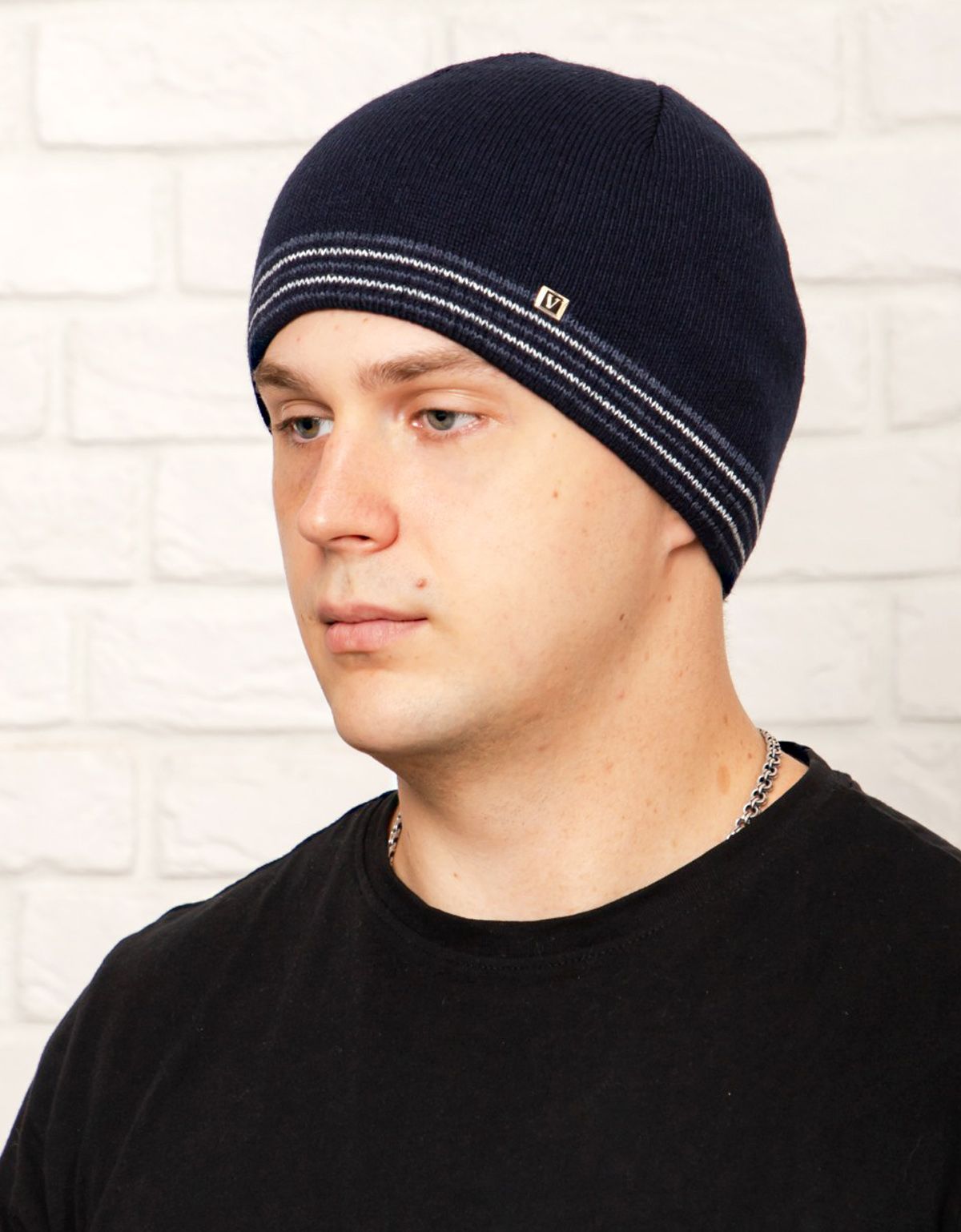 Шапка синяя с полосками мужская вязаная Русский трикотаж | купить в интернет-магазине Olymp-Men