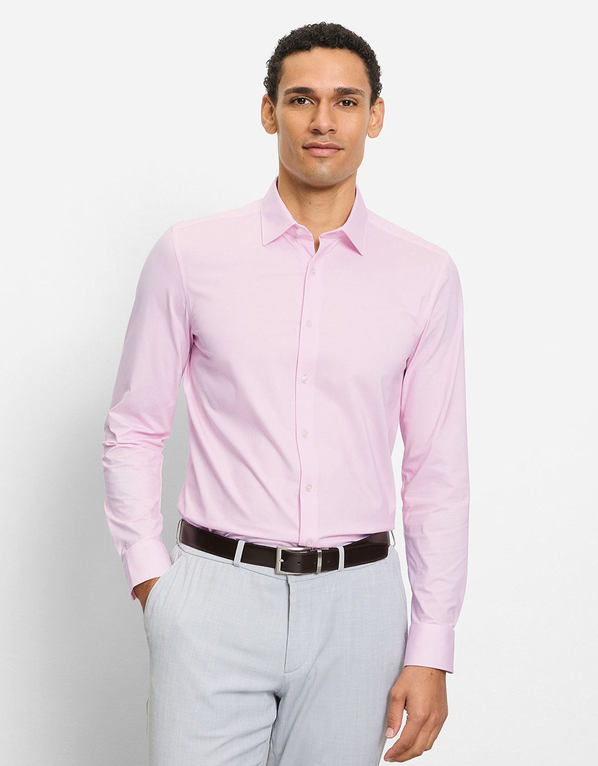 Рубашка трикотажная розовая клетка Olymp, body fit[РОЗОВЫЙ]