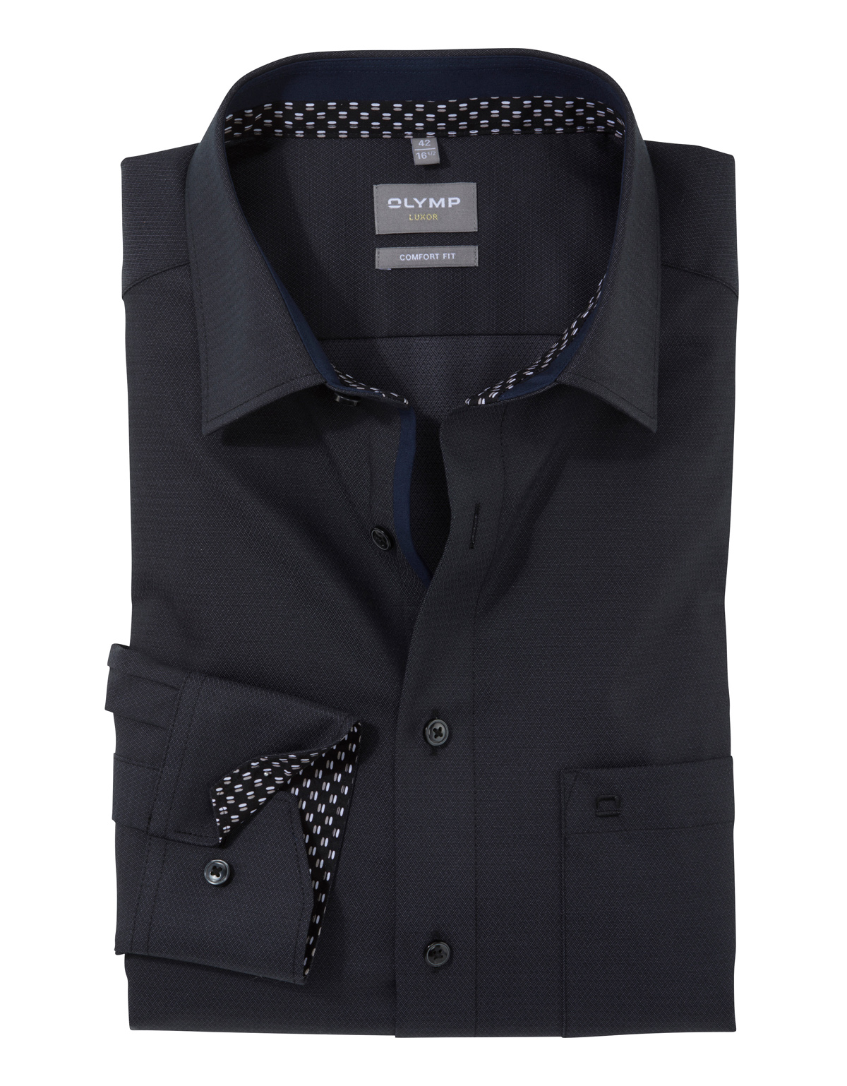 Рубашка чёрная мужская OLYMP Luxor, прямой крой, фактурная ткань[ТЕМНО-СЕРЫЙ]