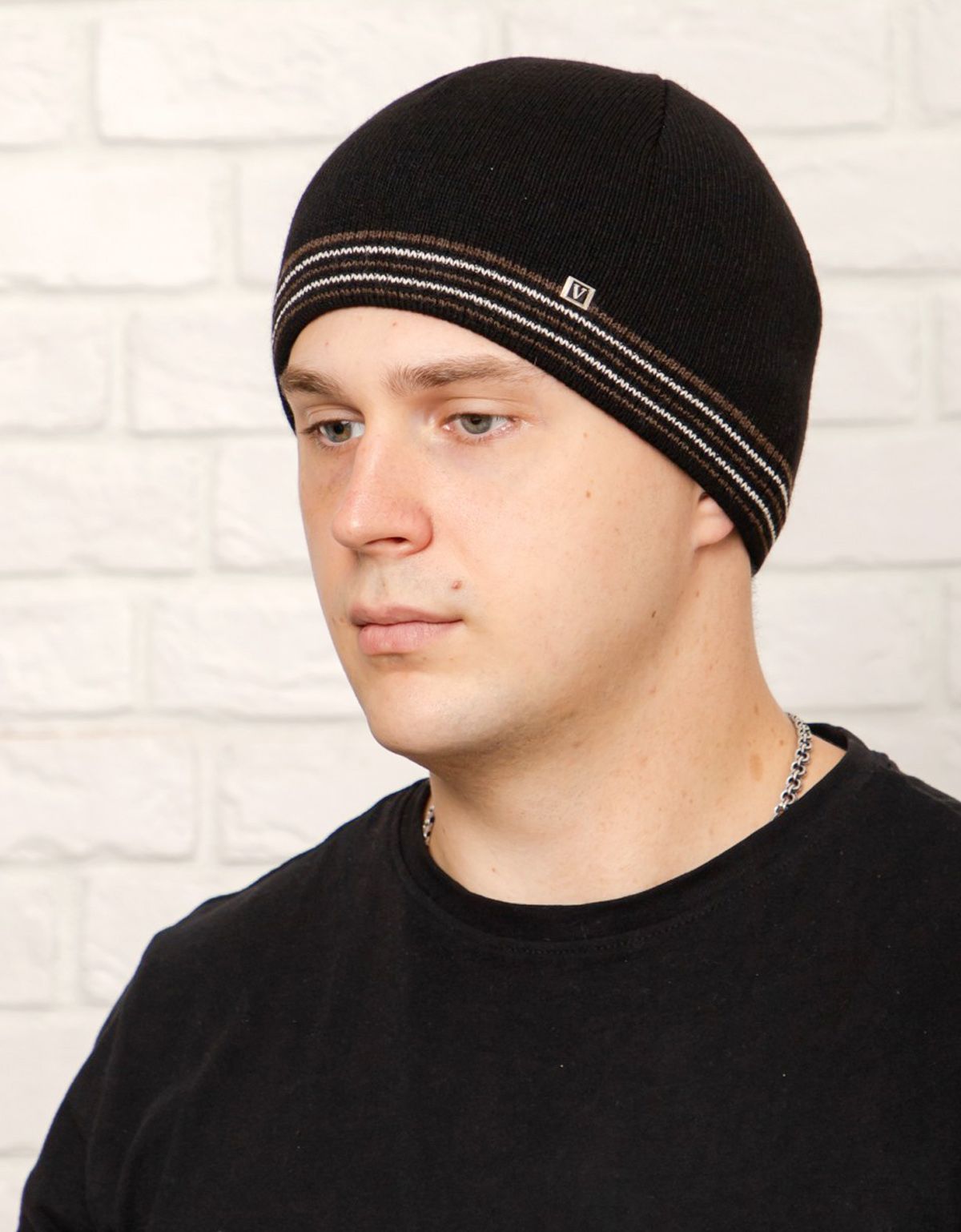 Шапка мужская вязаная Русский трикотаж чёрная с коричневой полоской | купить в интернет-магазине Olymp-Men