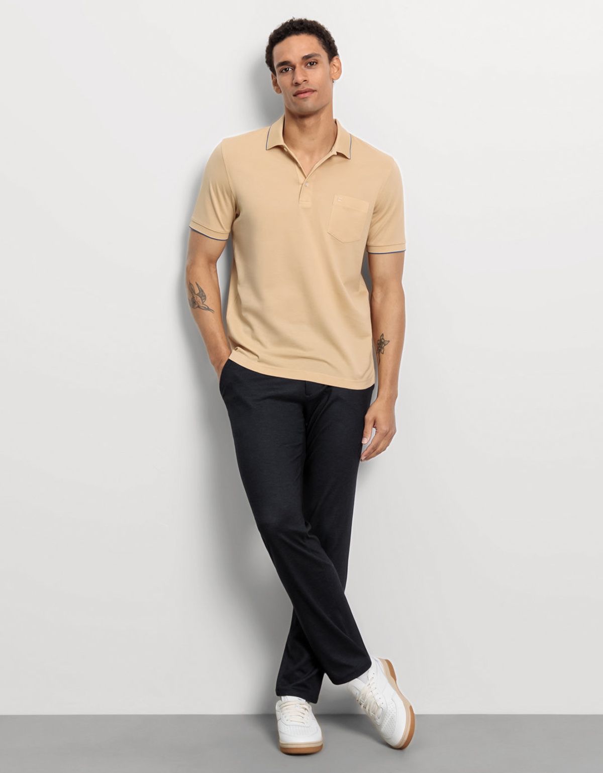 Поло мужское Olymp, бежевое с полосками на воротнике | купить в интернет-магазине Olymp-Men