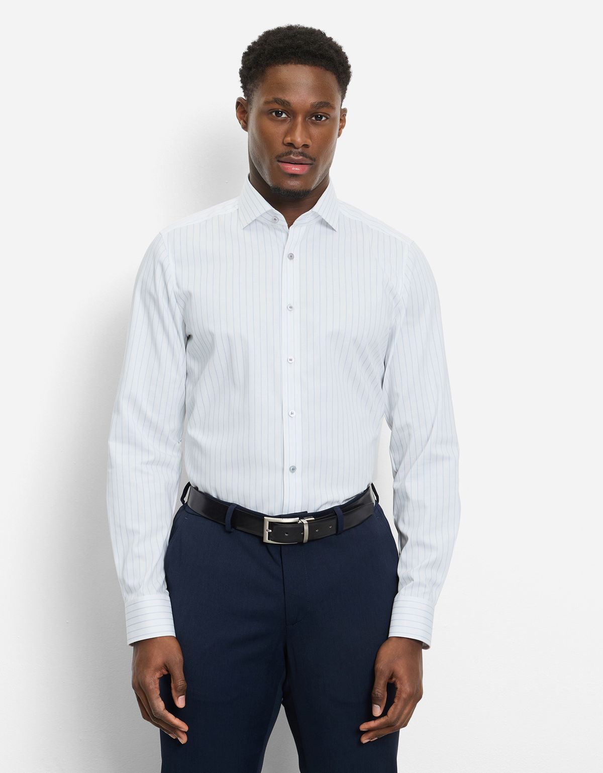 Рубашка белая в синюю полоску OLYMP, боди фит[БЕЛЫЙ]