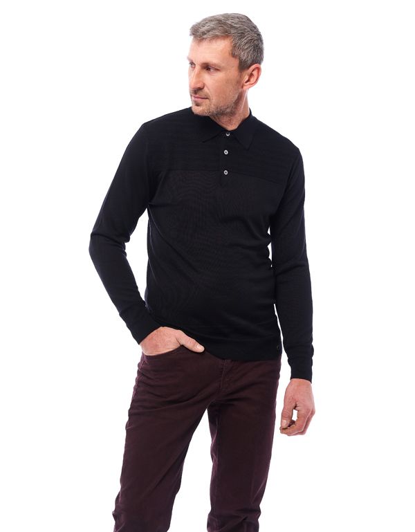 Поло чёрное мужское Gratude с длинным рукавом, шерсть с шёлком | купить в интернет-магазине Olymp-Men
