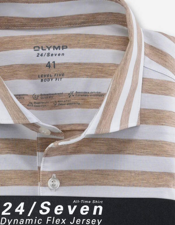 Рубашка-поло трикотажная в бежевую полоску Olymp, body fit