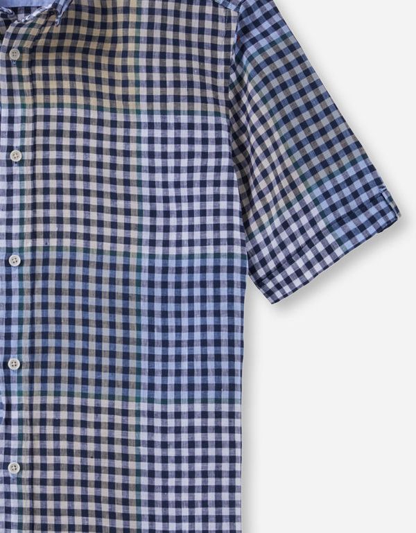 Льняная рубашка мужская с коротким рукавом OLYMP в клетку