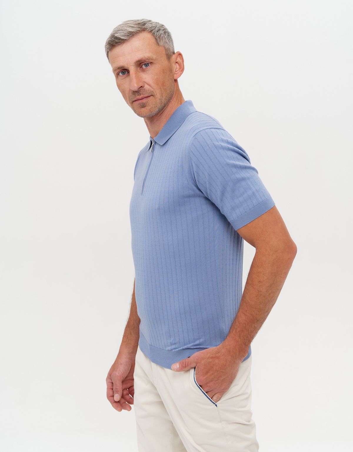 Поло мужское вязаное голубое на молнии Gtatude | купить в интернет-магазине Olymp-Men