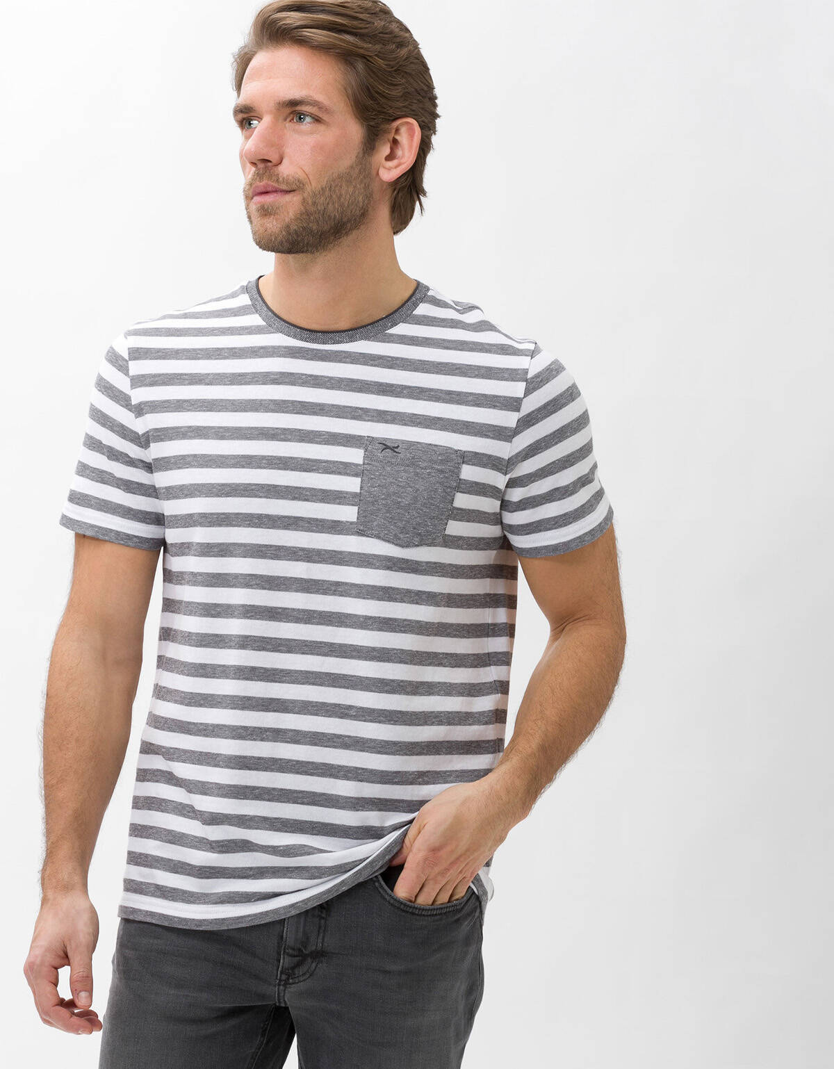 Футболка мужская Brax в серую полоску с карманом | купить в интернет-магазине Olymp-Men