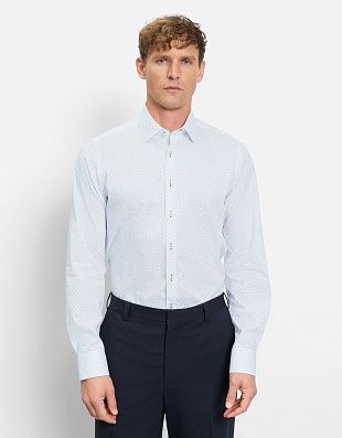 Рубашка белая с голубым принтом OLYMP, боди фит | купить в интернет-магазине Olymp-Men